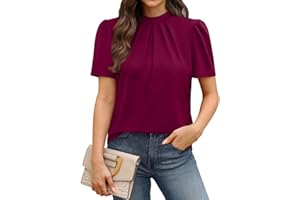 WIHOLL Womens Tops Business Blouses for Women Summer Tops Mock Neck Pleated Shirts Dressy Casual Short Sleeve Tunic