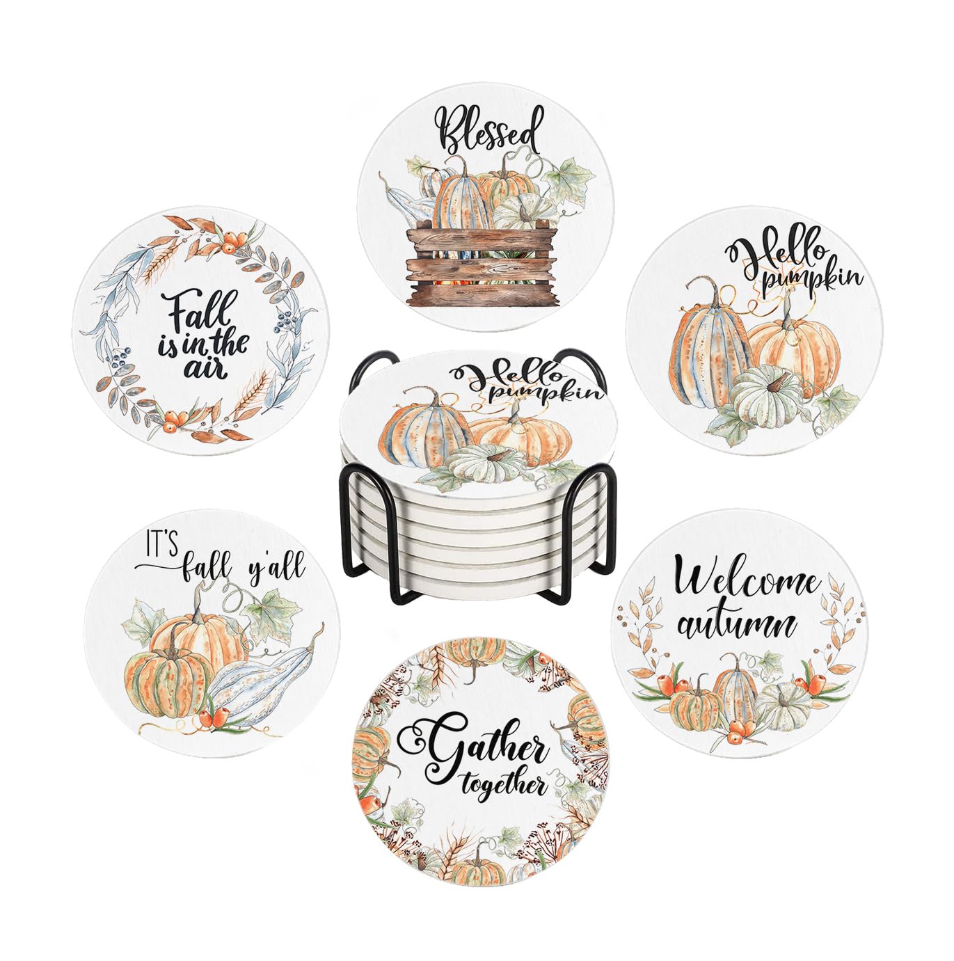 Fall Drink Absorbent Coasters with Holder Set of