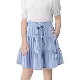 Kukume Girls Skirt High Waist Tiered Ruffle Knee Length Midi Skirt with Shorts and Pockets for 4-13Y