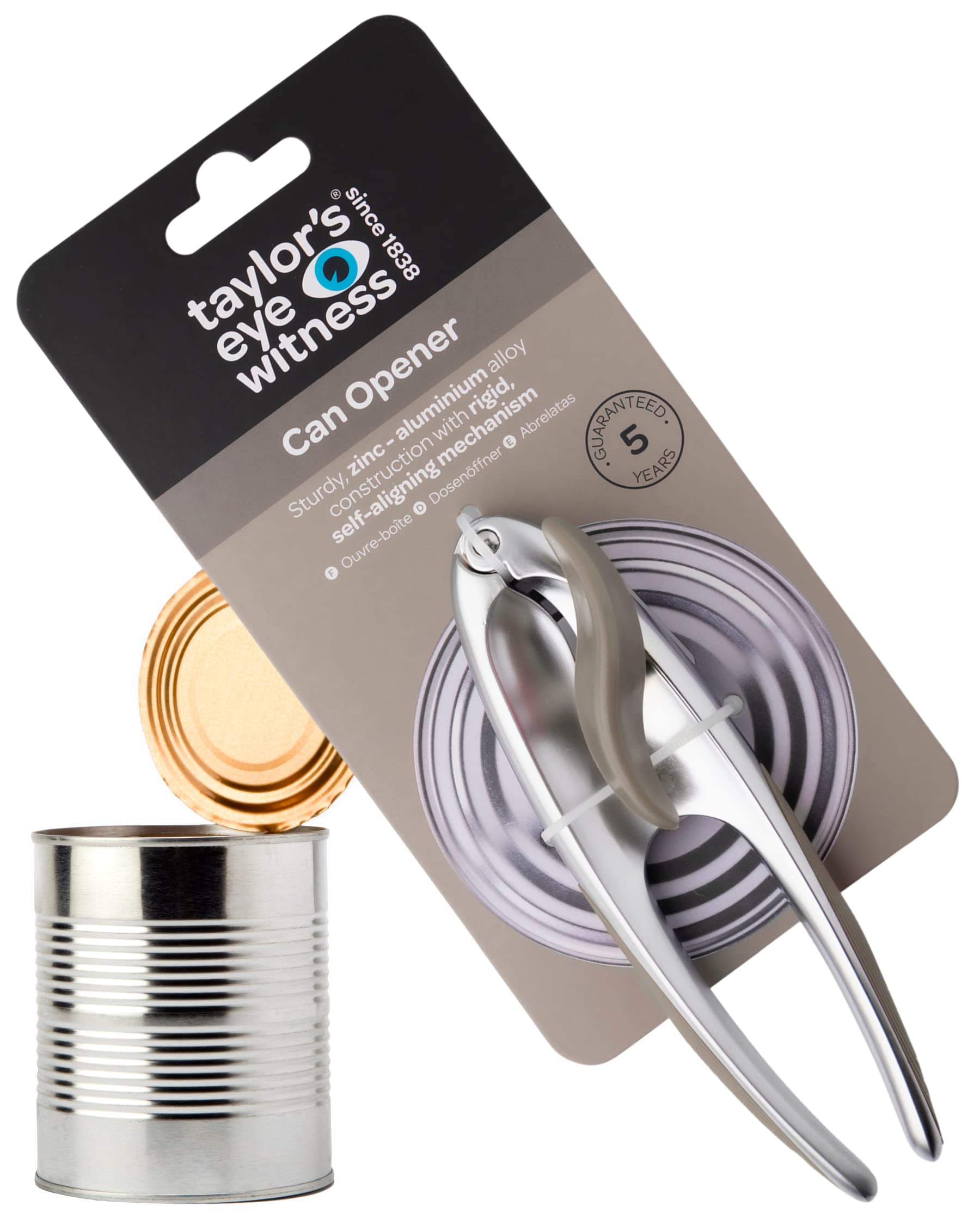 Premium 2-in-1 Manual Can Opener - Taylors Eye Witness, Easy to Use Tin Opener, Kitchen Gadget Made with Built-in Bottle Opener, Sturdy Zinc Aluminum Construction with Silver & Grey Colouring
