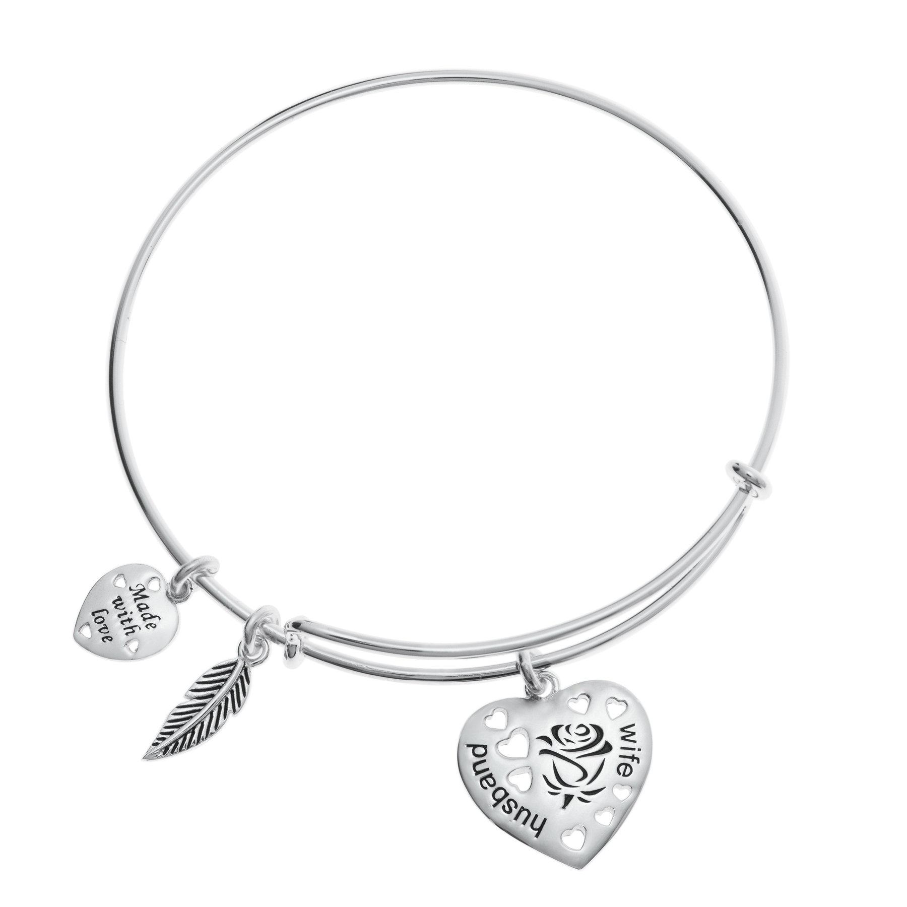 Qina C Sterling Silver Rose Husband & Wife Heart Feather Dangle Charm Adjustable Wire Bangle Bracelet