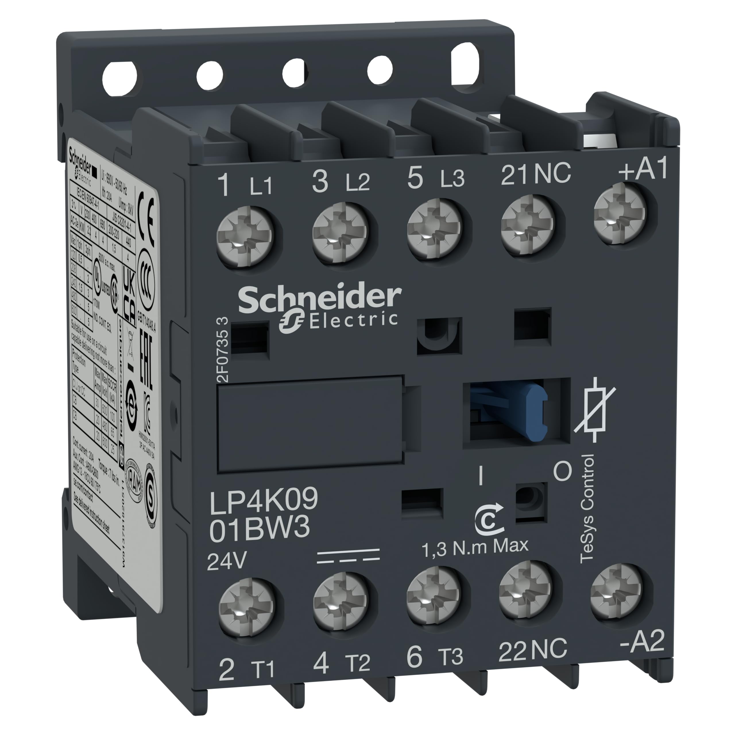 Schneider Electric, TeSys K contactor - 3P - AC-3 <= 440 V 9 A - 1 NC aux. - 24 V DC coil, LP4K0901BW3