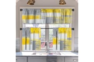 MCALK Grey and Yellow Blackout Kitchen Curtains Tiers and Valances Set 3 Piece for Windows Grey White Kitchen Window Curtains Set,Modern Abstract Art Valances for Living Room(36" Tiers Set)