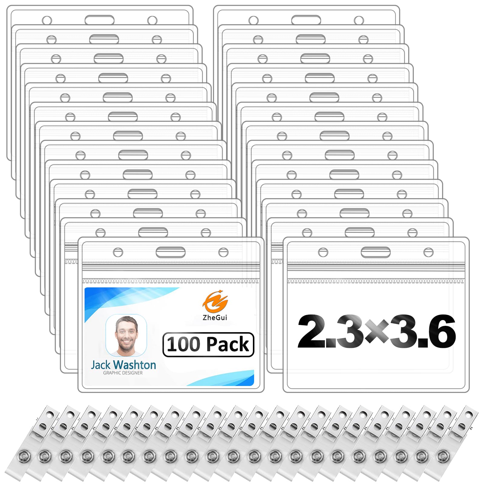 Photo 1 of 100 Pack Horizontal ID Badge Holder with Clip, Universal Waterproof PVC Transparent Name Tag Holder with Sealed Zipper(2.3 × 3.6 inch)