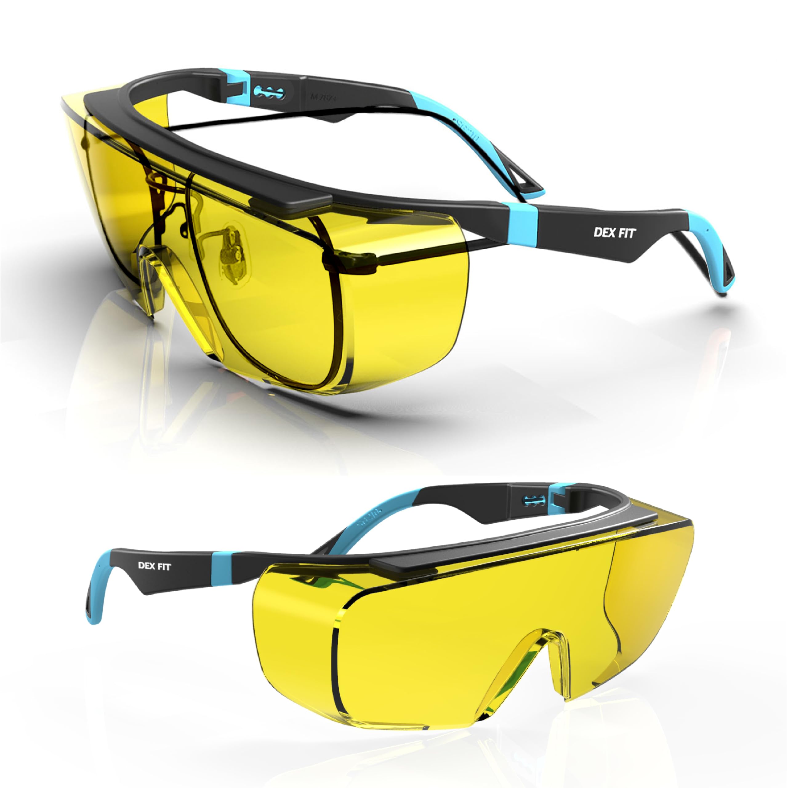 DEX FIT Safety Glasses Over Eyeglasses SG210 - Yellow Lens, Blue Light Blocking, Night Vision, Anti-Fog, UV 400 Protection, EN166 Certified, Adjustable Temples for Men & Women; Black & Orange, 1 PC