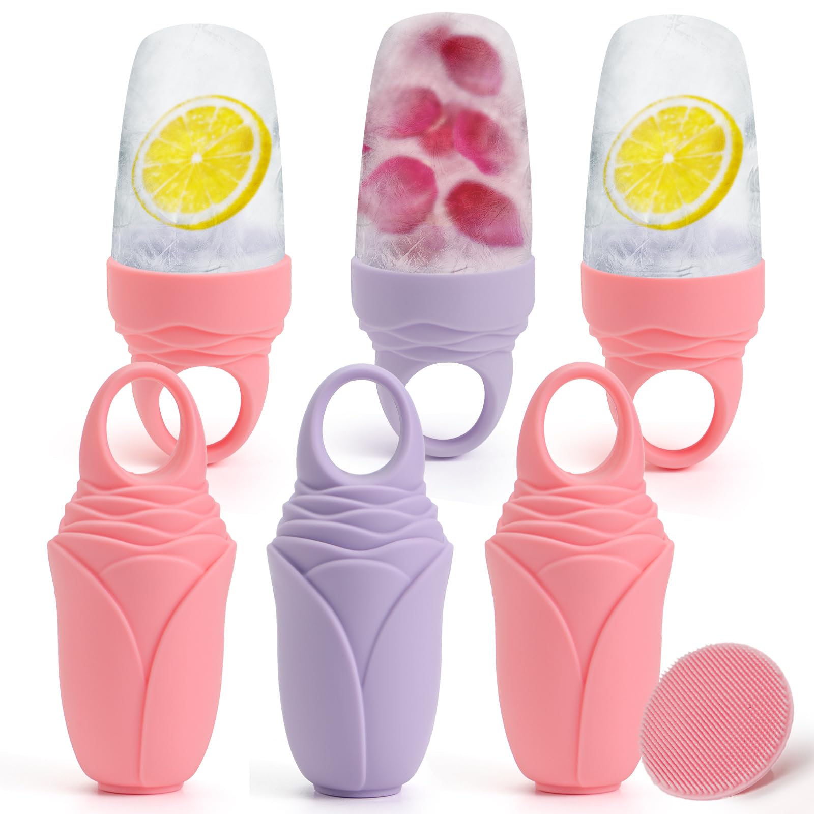 Photo 1 of 3 Pcs Facial Ice Roller Silicone Mold Reusable for Face Women and Eye Neck Cold Skin Care Tools Freezer De Puff Eye Bags Reduce Migraine Pain Pink 2 + Purple 1