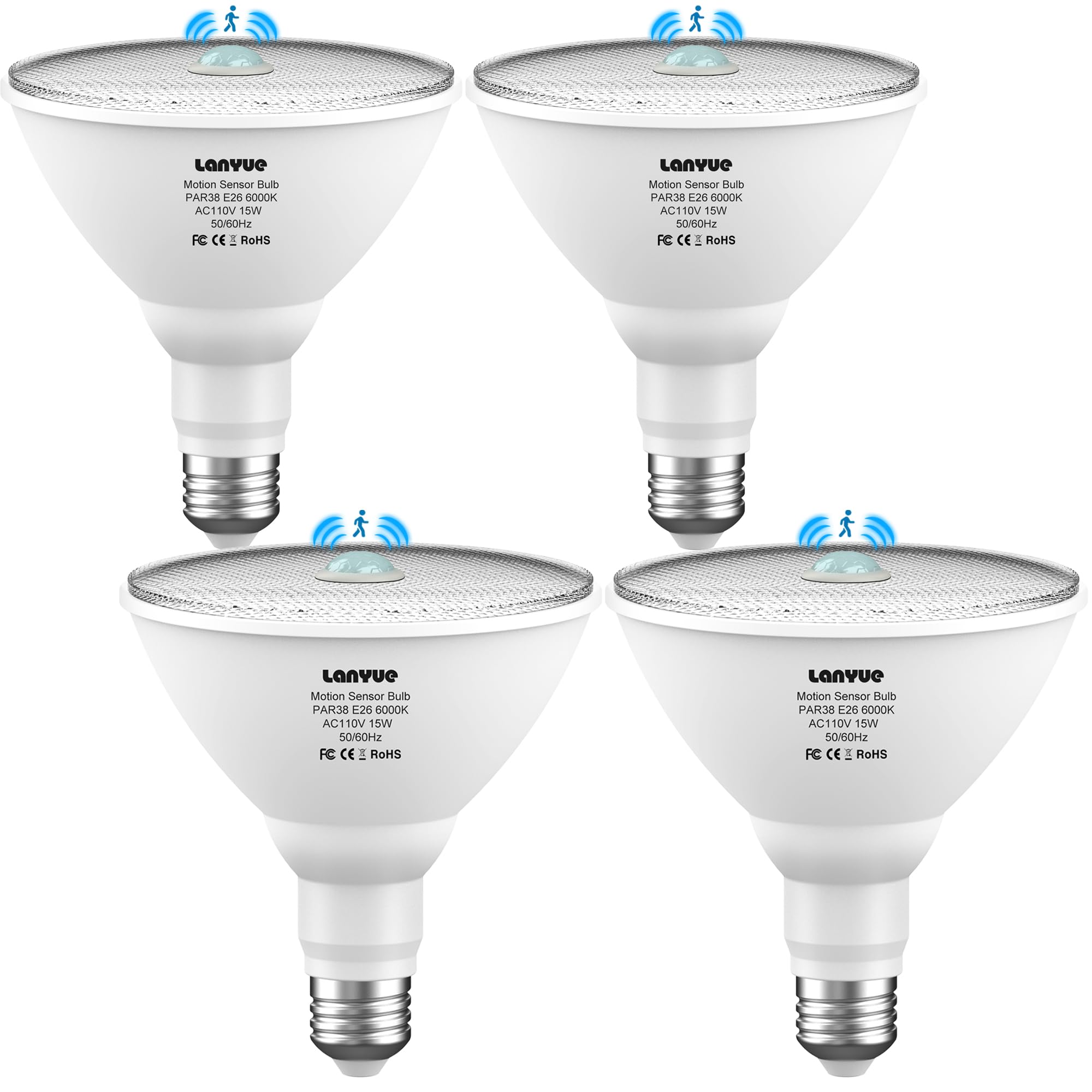 Photo 1 of lanyue Motion Sensor Light Bulbs, Dusk to Dawn Outdoor Lighting, PAR38 Led Motion Sensor Flood Light 100 Watt Equivalent(15W), 6000K Daylight, Waterproof Outdoor/Indoor,(4 Pack)