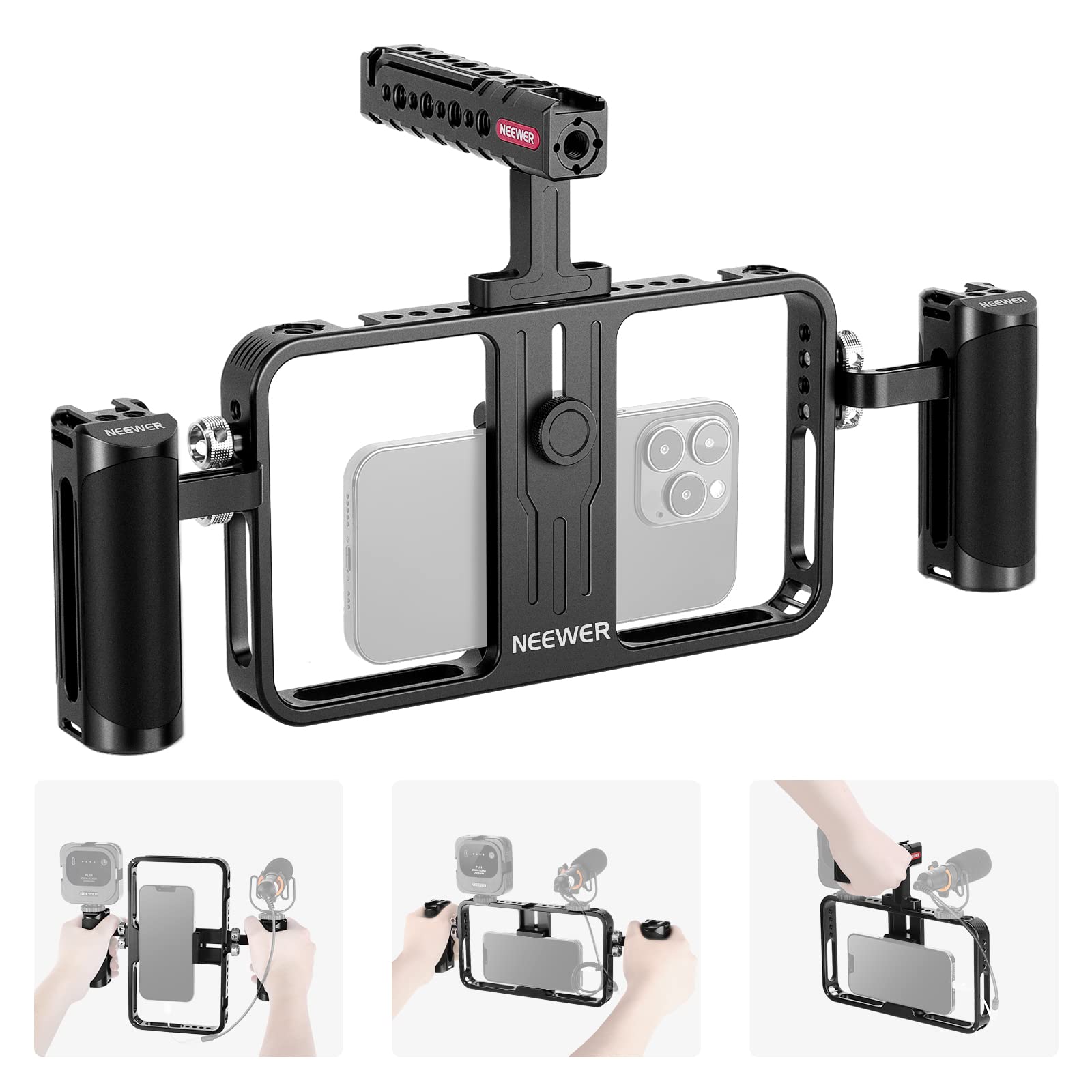 NEEWER Universal Video Rig Kit for Phone Compatible with iPhone14 Plus 14 13 12 Pro Android,Aluminum Cell Phone Cage with Silicone Handles, Video Stabilizer Rig