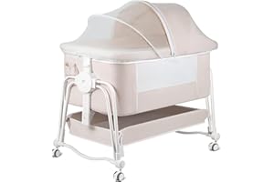 suihuooo 4 in 1 Baby Bassinet Bedside Sleeper, Rocking Baby Crib with Lockable Wheels, Storage, Mosquito Net and Matress Included, 7 Level Adjustable Bedside Bassinet for Baby Newborn(Cream)