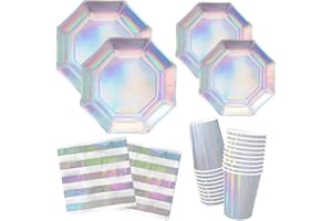 Gatherfun Iridescent Party Supplies - Disposable Paper Plates, Cups and Napkins, Ideal for Birthday, Mermaid Themed Events & Birthday or Wedding Party Decoration - Serves 16