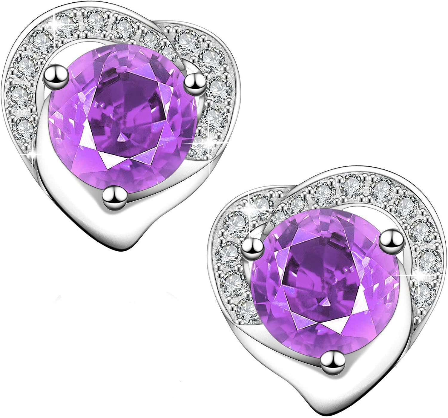 Purple Heart Earrings Sterling Silver Cubic Zirconia Stud Earrings