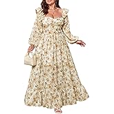 EYWOL Women's Floral Puff Long Sleeve Maxi Dress Sexy Sweetheart Corset Boho Chiffon Flowy Smocked Long Dresses