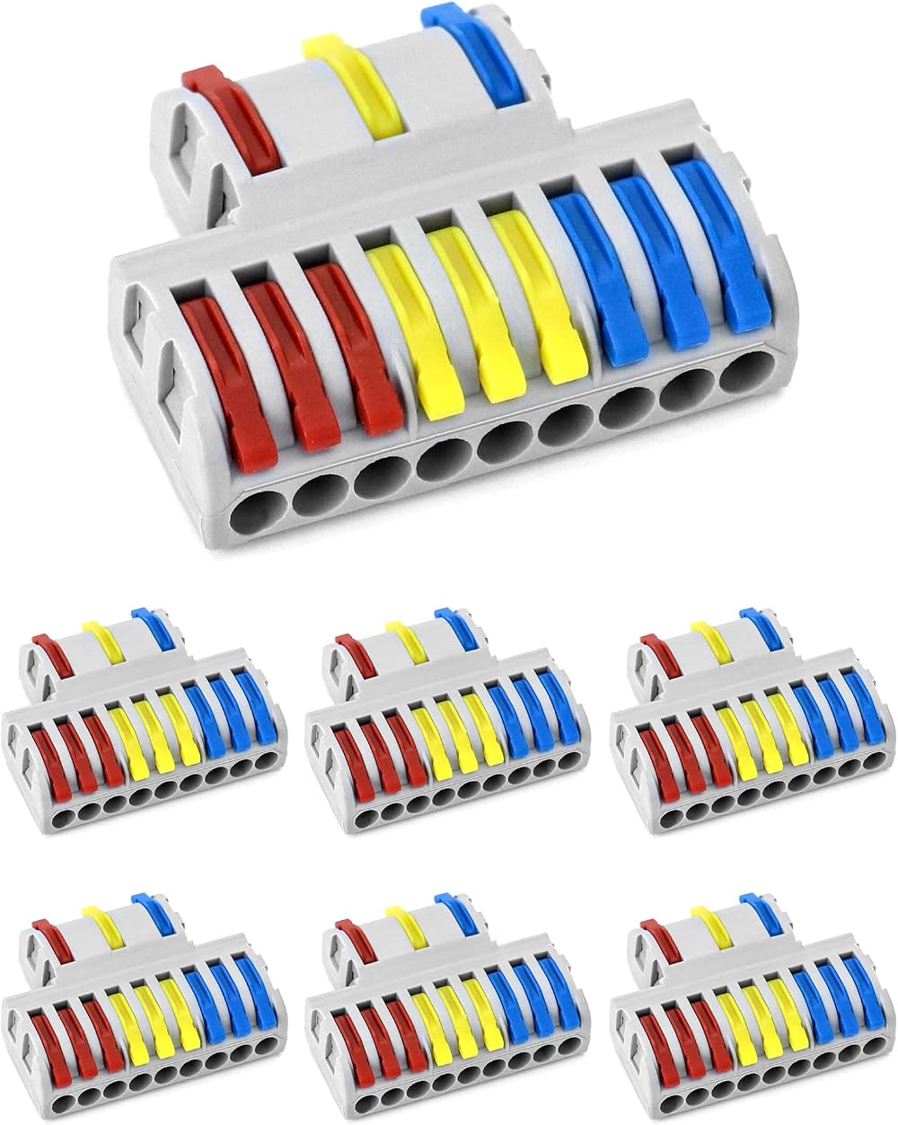 QWORK 7pc Wire Connector Set 3 In 9 Out Quick Connect Terminal Block 250V 32A