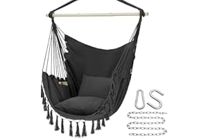 Y- STOP Hammock Chair Hanging Rope Swing, Max 500 Lbs, 2 Cushions Included, Large Macrame Hanging Chair with Pocket, Cotton Weave for Superior Comfort, Durability (Dark Grey)