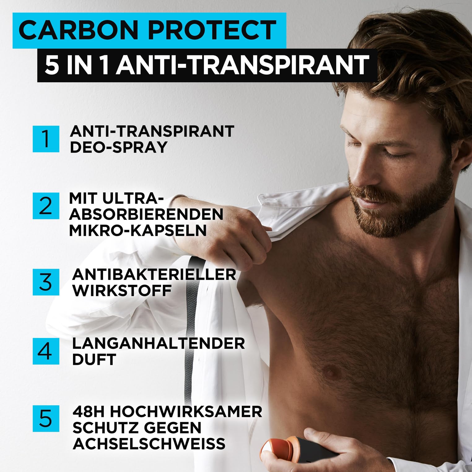 L'Oréal Men Expert Deo für Männer, 5-in-1 Deospray gegen Geruchsbildung, Nässe, Bakterien und weiße Rückstände für bis zu 48 Stunden Frische, Carbon Protect, 6 x 150 ml 2
