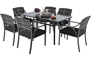 YITAHOME 7 Piece Patio Dining Set, Outdoor Patio Wicker Dining Table Furniture Set with All Iron Frame for Lawn Garden Backyard Deck, Removable Cushions(Black)
