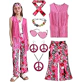 Girls Cowgirl Costume Set 8-Piece with Fringe Vest & Accessories | Western Hippie Outfit for Kids 60s 70s Theme Party