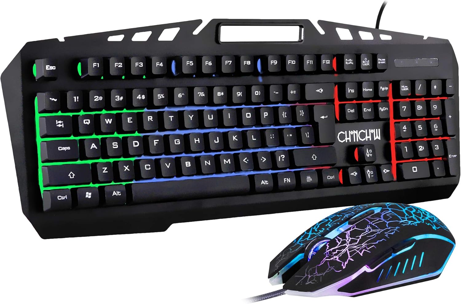 CHONCHOW Led RGB Gaming Keyboard Mouse Combo Mechanical Feeling Keys Rainbow Breathing Backlit USB Wired Metal Pannel Mobile Phone Holder(Black)