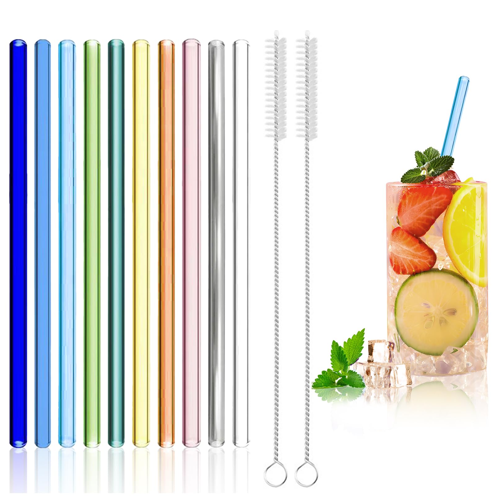 10 Pcs Glass Straws Reusable, 20cm Coloured Drinking Straw with 2 Cleaning Brushes, Glass Straws BPA-Free for Smoothie Milkshake Milk Coffee Cocktail Cold Drinks 8mm Diameter