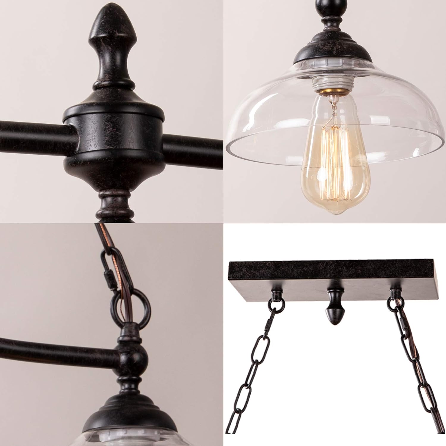 Dining Room Kitchen Island Light Fixture Hanging, Farmhouse Chandelier in Rustic Black Metal with Clear Glass Shades, Adjustable Chains Pendant Light - - 
