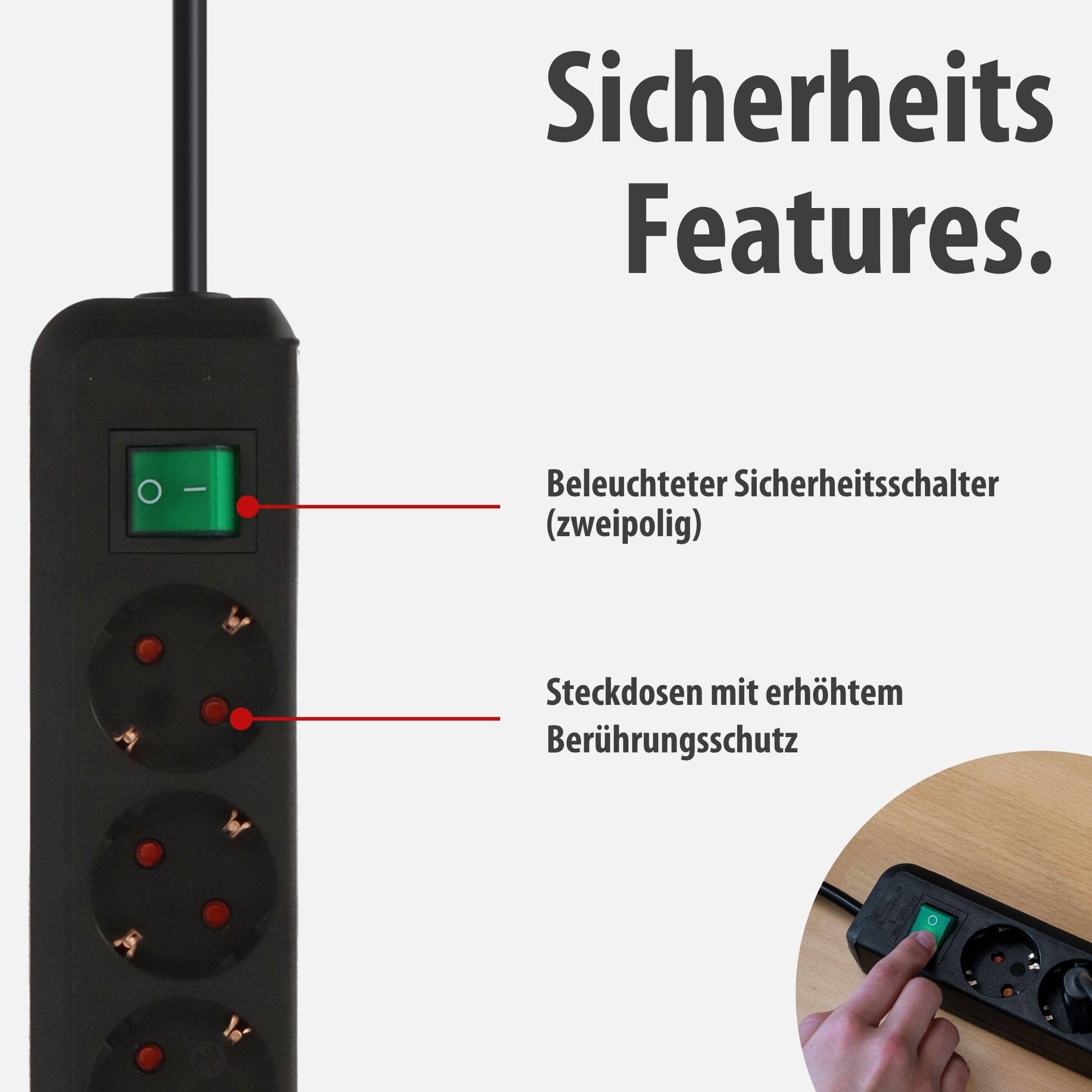 Brennenstuhl Eco-Line, Steckdosenleiste 3-Fach (Mehrfachsteckdose mit erhöhtem Berührungsschutz, Schalter und 1,5m Kabel) schwarz 3