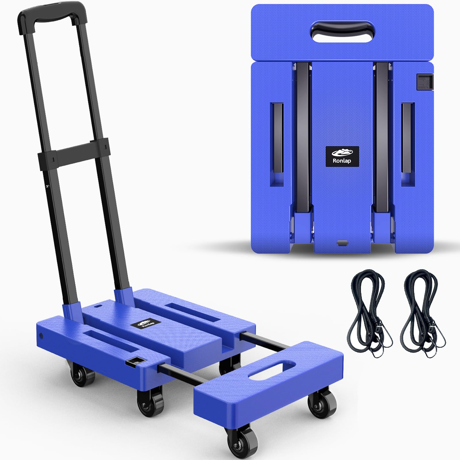 Photo 1 of Ronlap Folding Hand Truck, Foldable Moving Dolly Cart with Wheels 500lbs Heavy Duty Luggage Cart Portable Hand Cart Collapsible Dolly with 6 Wheels & 2 Ropes for Airplane Travel House Moving, Blue