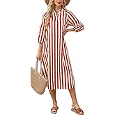 YEXPINE Women Summer Striped Button Down Long Maxi Dress Loose Fit 3/4 Sleeve Cotton Caftan Shirt Dress with Pocket