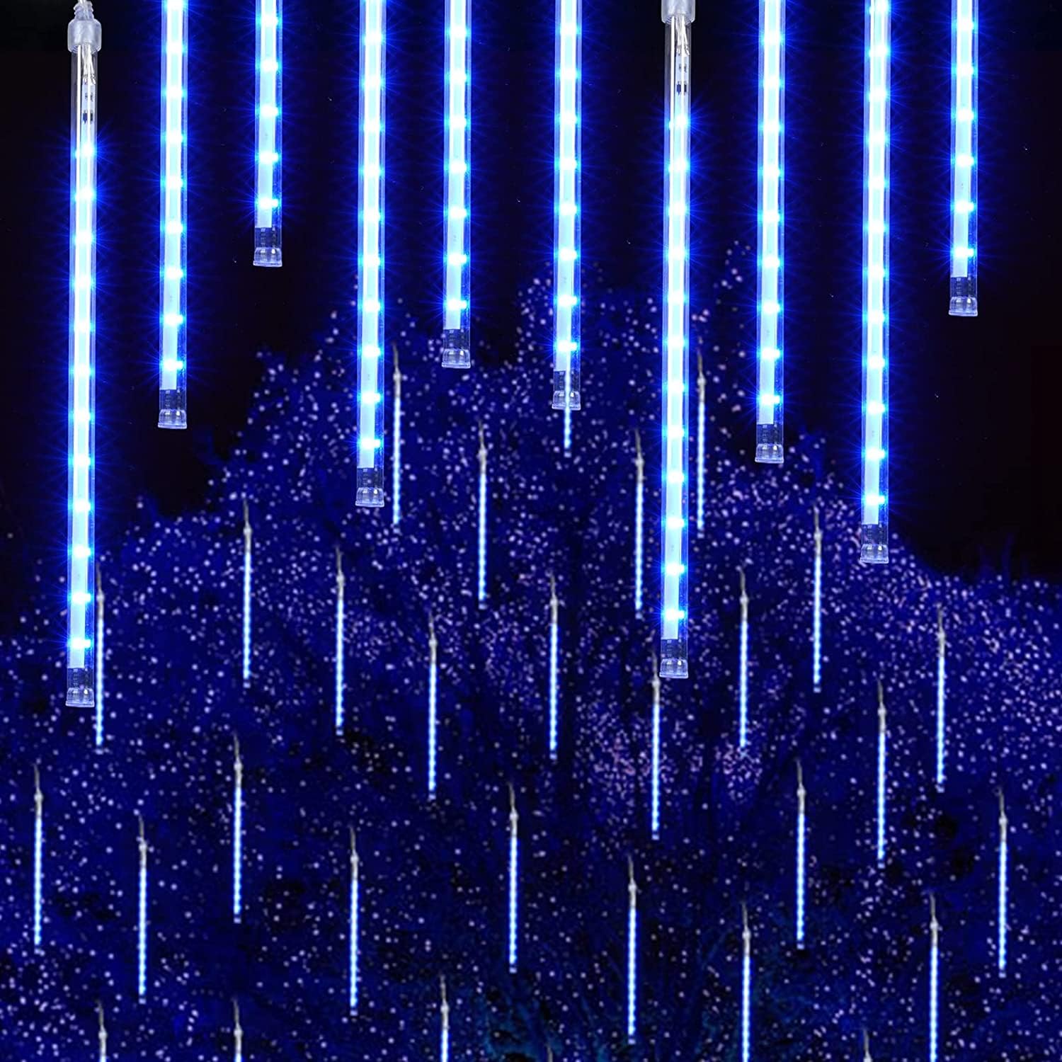 Photo 1 of Meteor Shower Blue Snowfall LED Lights: 8 Tube, 19 LED Outdoor & Indoor Waterproof, Plug-in, Thanksgiving & Christmas Decor
