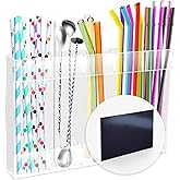 Upgraded Magnetic Mounting Acrylic Straw Holder for Cabinet Door with Adhesive and Stickers, Straw Organizer Tumbler Storage for Kitchen Fridge, Space Saving Straws Dispenser for Office, Transparent