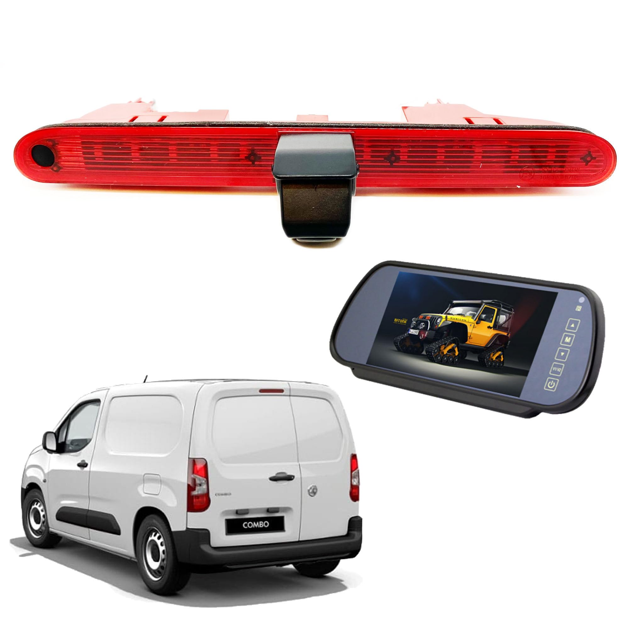 Dolphin Automotive Van Rear Brake Light Reversing Camera Fits Vauxhall Combo E 2019+ And Fiat Doblo 2022+ With Waterjet Nozzle (Camera With 7" Mirror Monitor)