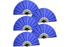 ATTRACME 5PCS Large Chinese Folding Fans for Line Dancing, Clacking Fans for Line Dancing, Foldable Handheld Fans, Popping & Clapping Hand Fans Bulk Set (Blue)