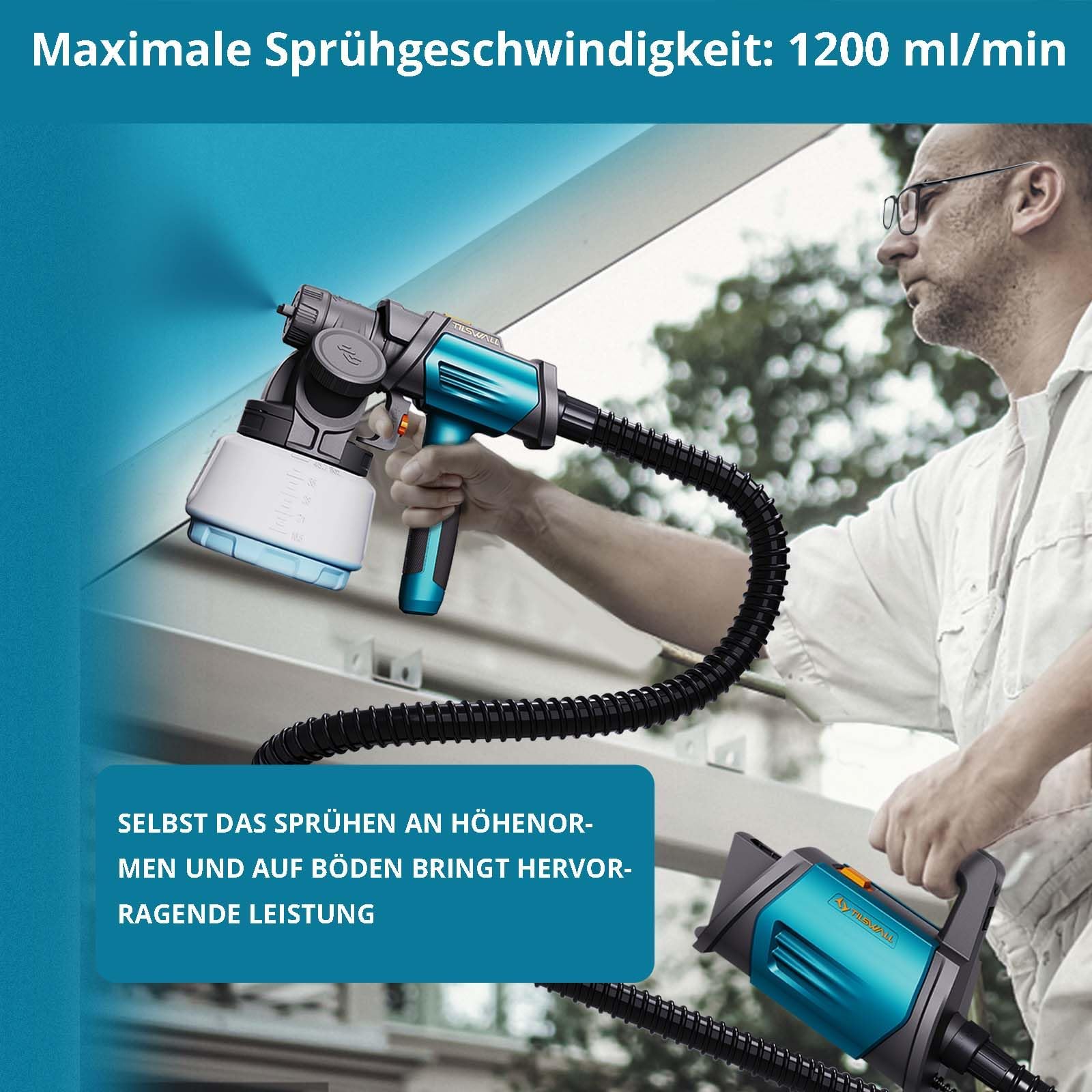 Tilswall Farbsprühsystem Shark 800 HVLP Elektro120 DIN-s Lackierpistole Elektrisch mit 4 Düsen und 3 Sprühmodi für Innen- und Außenwandfarben (Blau) 6
