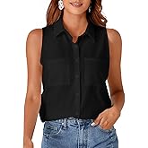 Rooscier Women's Collar V Neck Sleeveless Button Down Blouse Top Shirt with Pockets