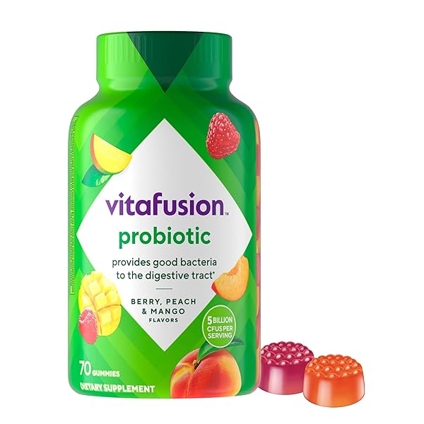 VITAFUSION PROBIOTIC GUMMY SUPPLEMENTS, RASPBERRY, PEACH AND MANGO FLAVORS, PROBIOTIC NUTRITIONAL SUPPLEMENTS WITH 5 BILLION CFUS, AMERICA’S NUMBER 1 GUMMY VITAMIN BRAND, 35 DAY SUPPLY, 70 COUNT