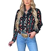 ChiyeeKiss Womens Aztec Pearl Snap Shirts Rodeo Western Show Tops Lapel Button Up Blouse Long Sleeve Cowgirl Tunic