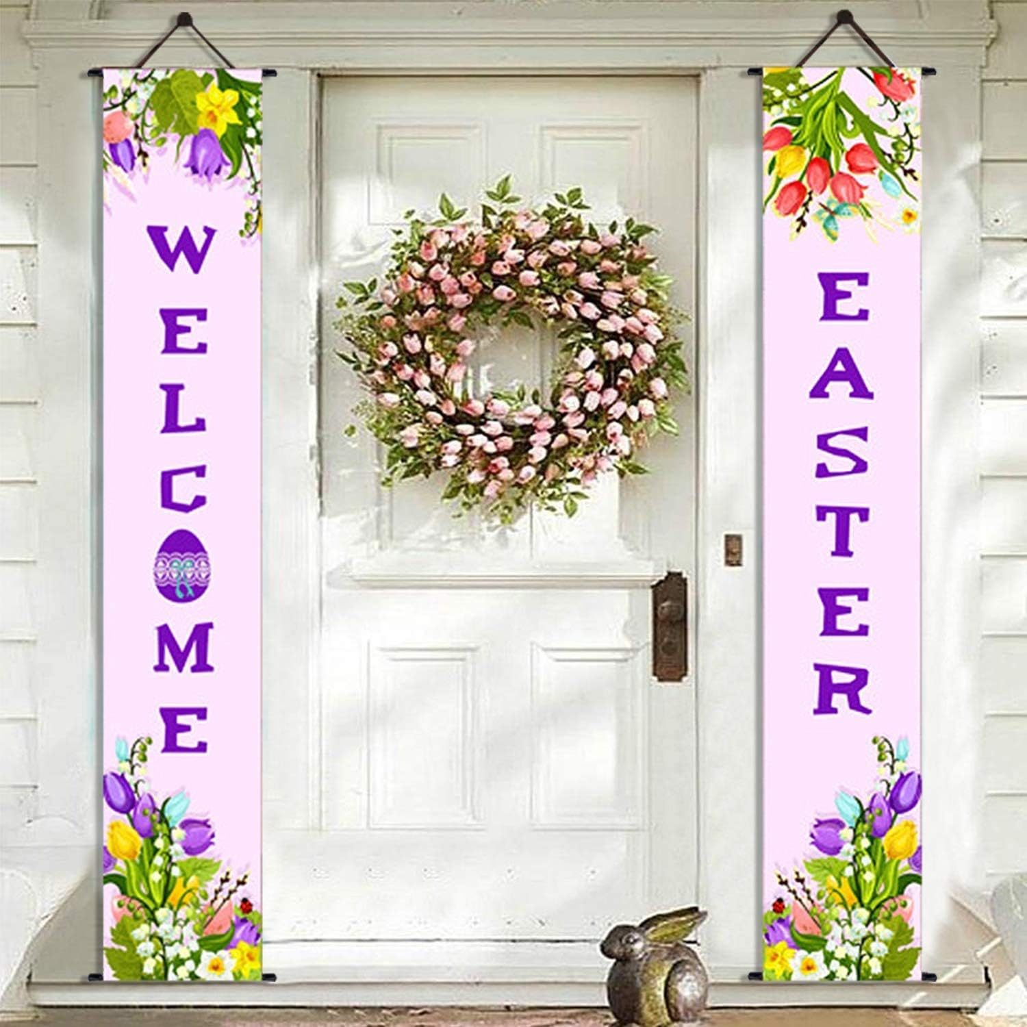 AMENON 2 Pack Easter Porch Sign, Easter Decorations Outdoor Indoor Welcome Easter Hanging Banner Sign for Easter Home Outdoor Wall Front Door Decor Party Favor Ornament (71x12 Inch)