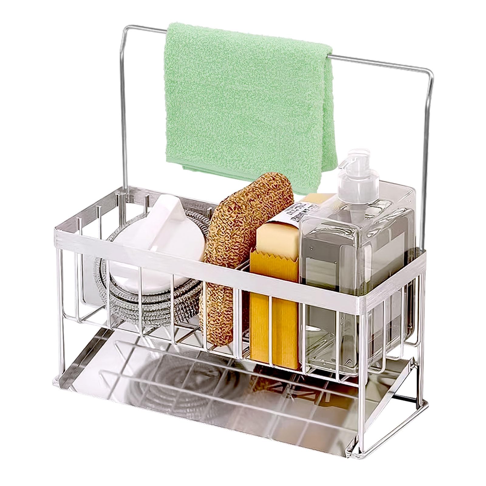 jiuzcare Sink Caddy Kitchen Sink Organiser Stainless Steel Sponge Holder with Dishcloth Hanger and Removable Drain Tray Multifunctional Kitchen Sink Tidy no Drilling