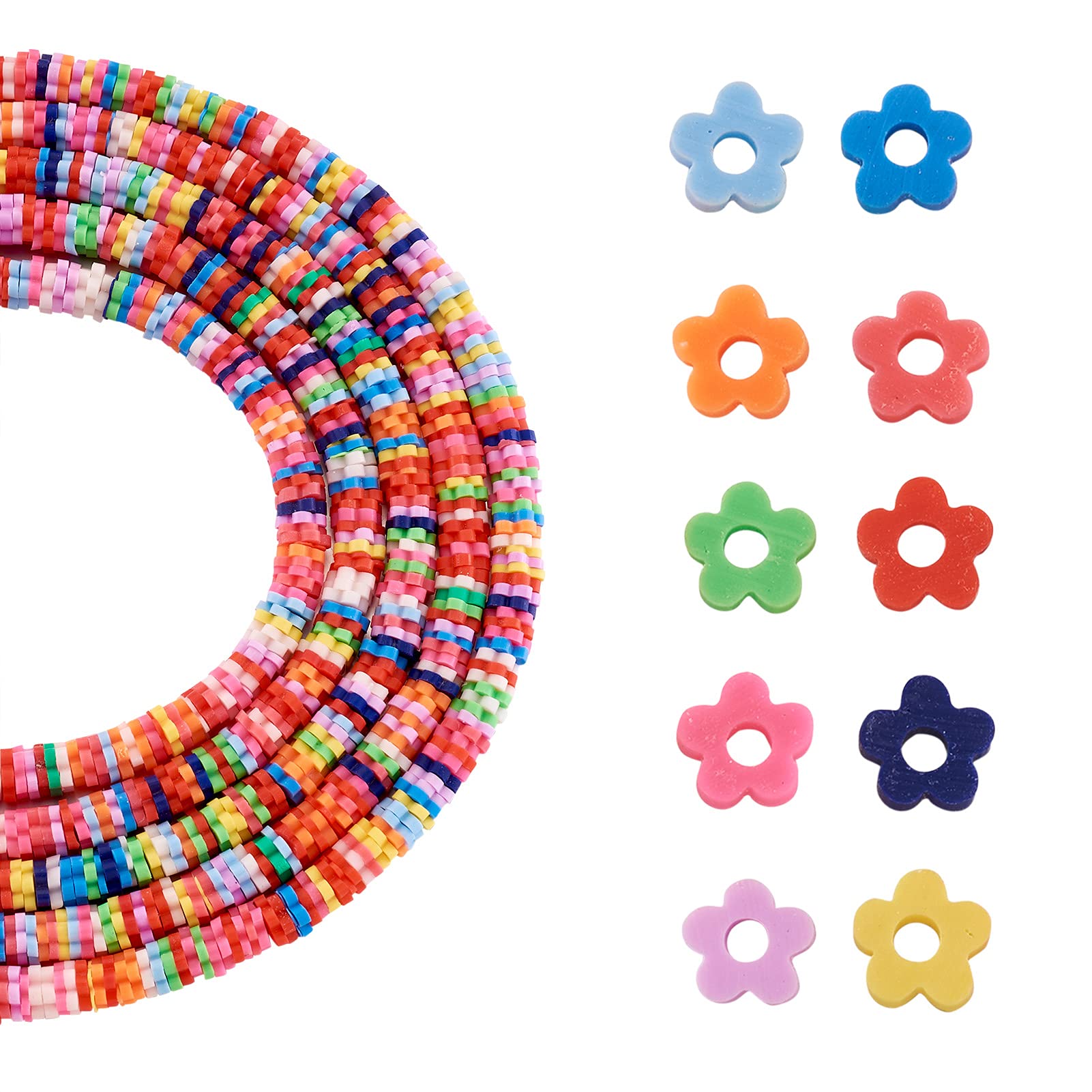 Beadthoven 10 Strands 5mm Flower Polymer Clay Beads Colorful Flat Round Disc Ghana African Slice Loose Beads Spacer for DIY Rainbow Surfer Bracelet Jewelry Making