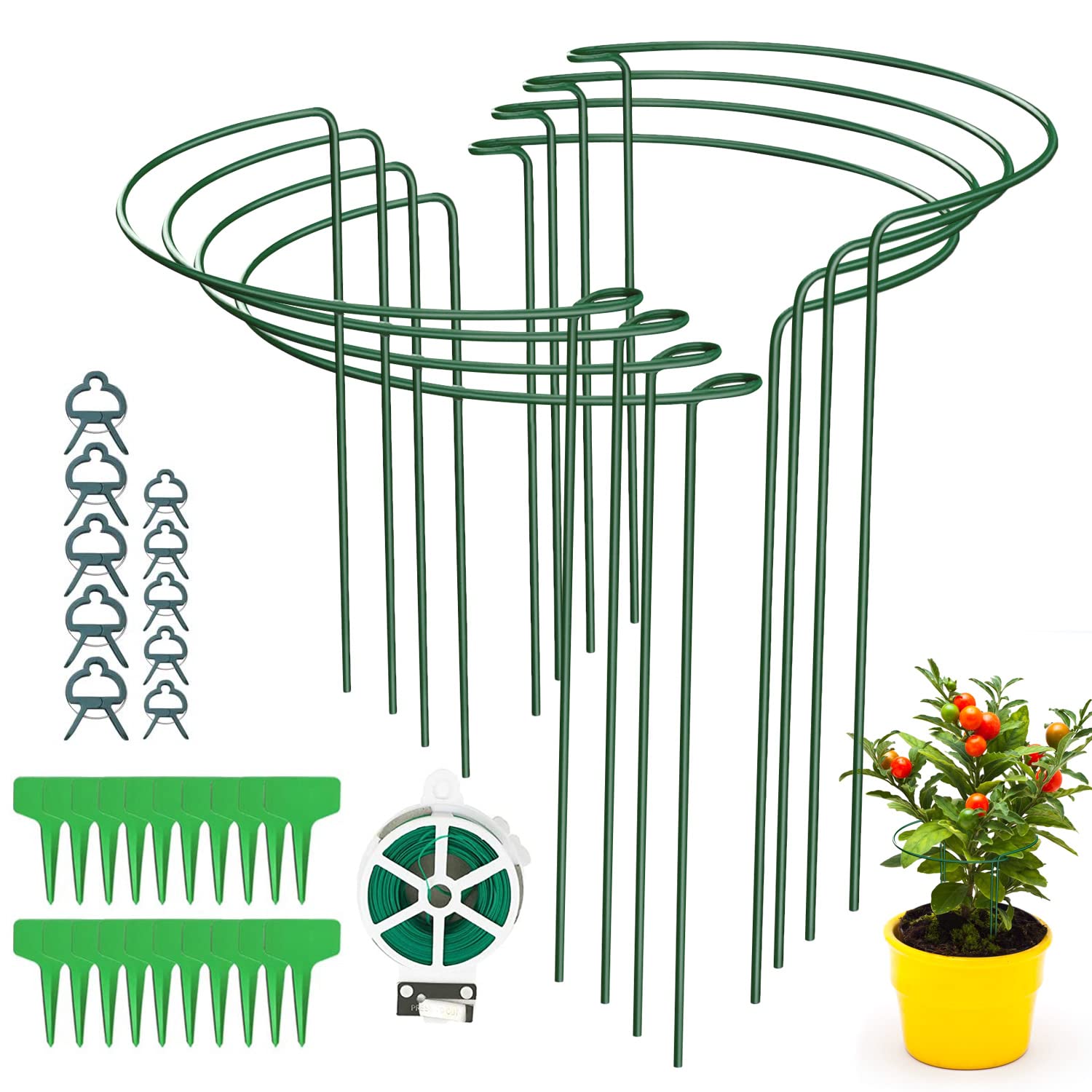 8 Pack Plant Support Stakes Ring Cage Metal Garden Plant Stakes Green Half Round Plant Support Ring Large Plant Supports for Peony, Tomato, Vegetable, Hydrangea, Rose, Flowers Vine (Green)