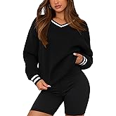 PRETTYGARDEN Women's Oversized Sweatshirts Casual Long Sleeve Stripes Knit V Neck Pullover Top Spring Preppy Clothes