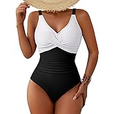 Pink Queen Women One Piece Swimsuit 2026 Patchwork Twist Front V Neck Ruched Tummy Control Swimwear Bathing Suits