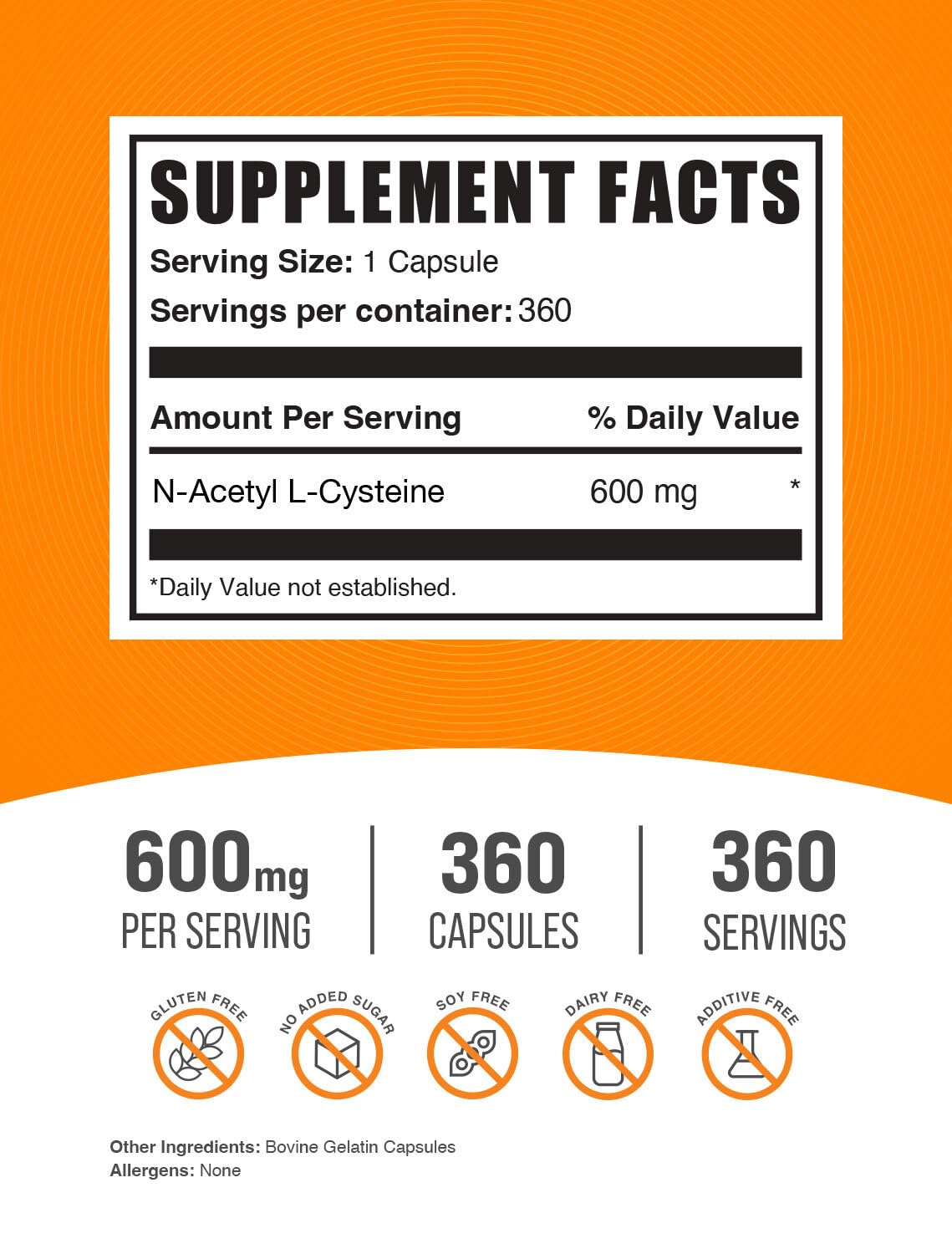 bulksupplements.com n-acetyl l-cysteine capsules - n-acetyl cysteine 600mg, nac supplement - 600mg per capsule, gluten free - 1 nac capsule per serving, 360 capsules 