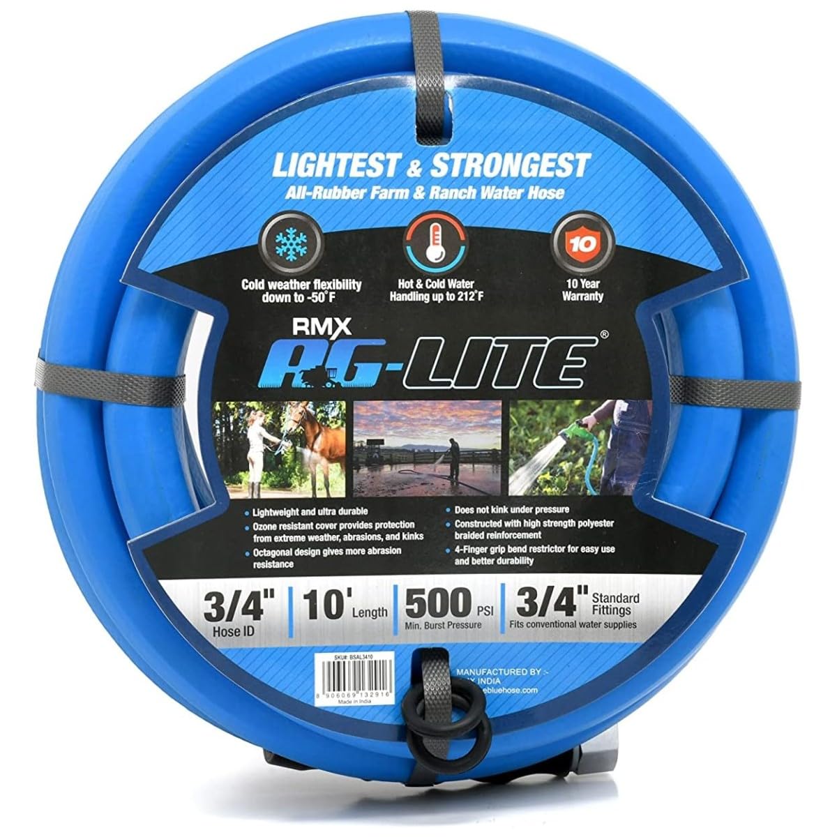 AG-Lite Rubber Hot & Cold Water Rubber Garden Hose: Ultra-Light & Super Strong - 10 Year Warranty (3/4 x 10')