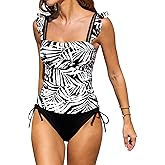 CUPSHE Women's Tankini Sets Two Piece Swimsuit Square Neck Ruffle Straps Bathing Suit Mid Rise Drawstring