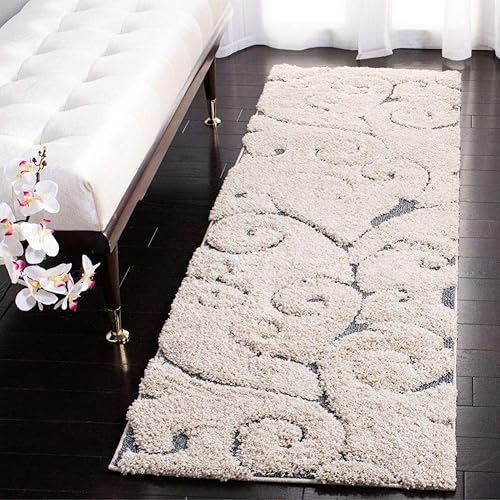 Safavieh Florida Shag Collection SG455-1155 Scrolling Vine Graceful Swirl Textured 1.18-inch Thick Runner, 2' 3" x 11', Cream/Dark Blue