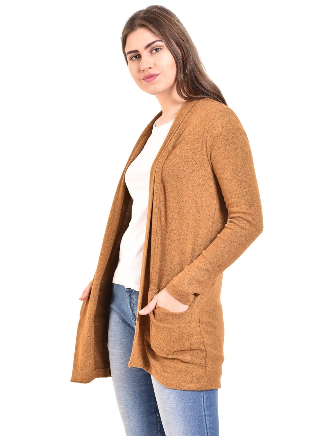 mansicollections mustard thigh length full sleeve cardigan for women