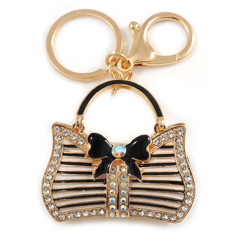 Avalaya Clear/AB Crystal, Black Enamel Puffed Bag Keyring/Bag Charm In Gold Tone - 9cm L