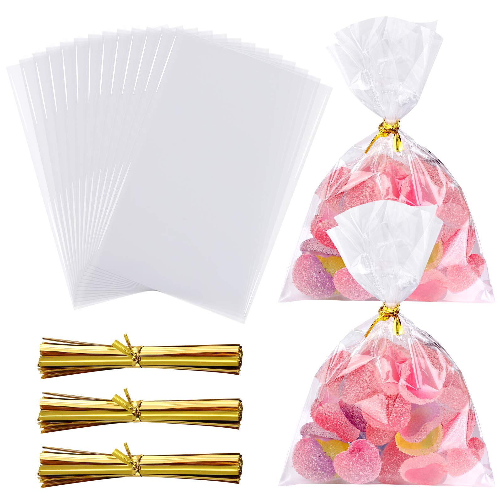 Aodaer 300 Pieces Clear OPP Bags Clear Cookie Bags Candy Bags with 300 Pieces Gold Twist Ties Clear Cellophane Bags for Small Gift Party Favor Supplies, 8 x 12 cm