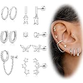 Hypoallergenic Flat Back Earrings, Cartilage Earrings for women Trendy Surgical Steel Earrings 14K Gold Small Stud Hoop Huggie Earrings Dangle Chain Earring Stacks Set for Multiple Piercing