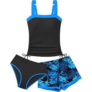 Dearnow Teen Girls' Tankini Swimsuit 3 Piece Bathing Suit Color-Block Girls' Swimwear for Swimming Surfing with Shorts
